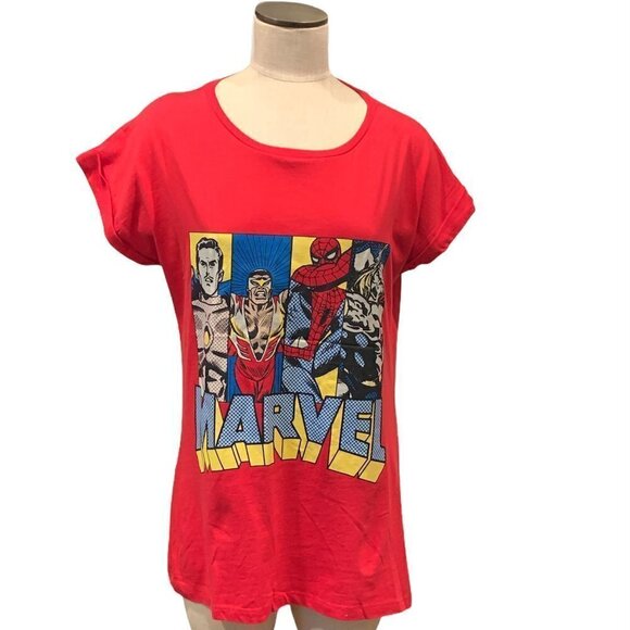 Marvel Comics Sz S/M Four Superheroes Slash Back Graphic Tee Red 199C - Picture 2 of 6